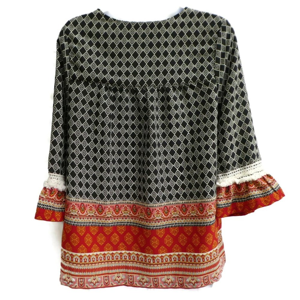 Xhilaration Peasant Kimono Caftan Open Front Tie Ruffled Sleeve Tassels Mixed M - Picture 3 of 5